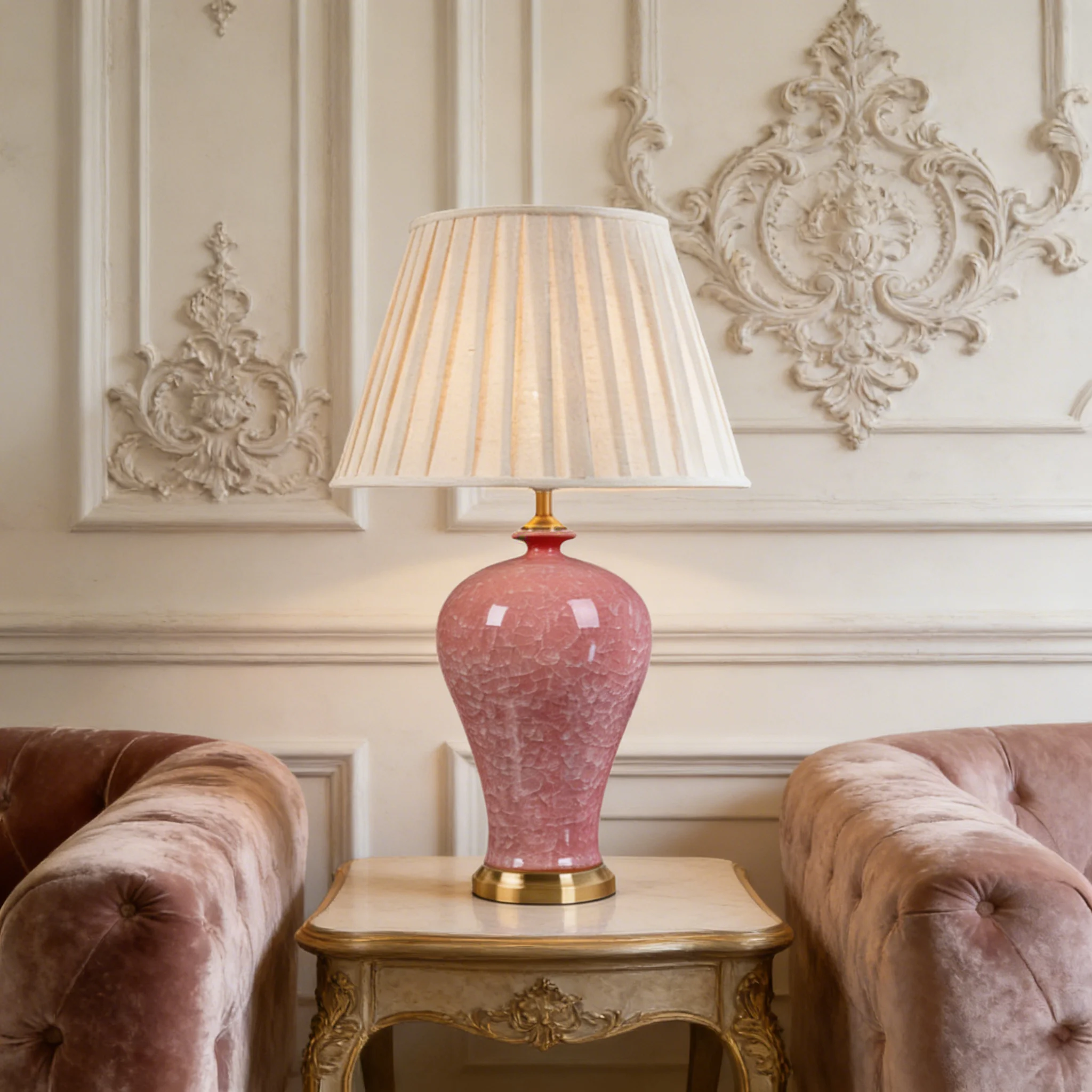 

Ice crack pattern pink copper ceramic table lamp, crystal glazed porcelain table lamp for bedroom, bedside, living room, wedding