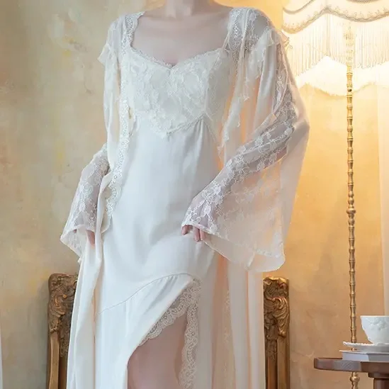 Sexy Patchwork Lace Nightgown Female Long 2PCS Robe Set Bathrobe Gown Court Style Princess Nightdress Sleepwear Satin Home Wear