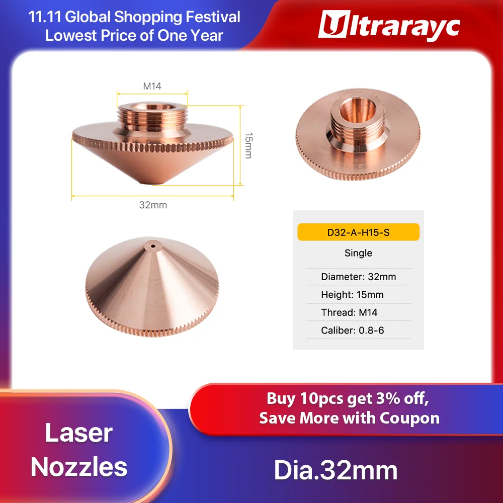 Ultrarayc Fiber Cutting Head Laser Nozzle Single Double Chrome-plated Layers D32 Caliber 0.8-6.0mm for Raytools Empower Head