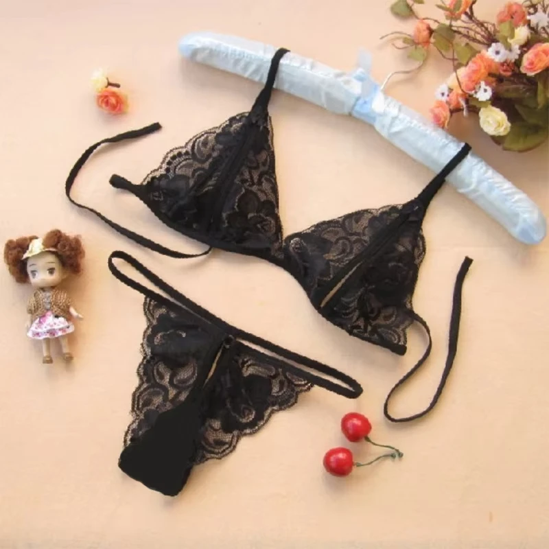 Sexy Underwear Three-point Open Cleavage Bikini Lace Pajamas Thong Two-piece Set