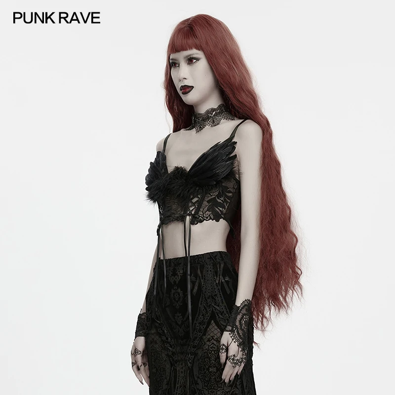 PUNK RAVE Women's Goth Vintage Fallen Angel Fluffy Feather Lace Up Bralet Adjustable Halter-style Allows Party Club Sexy Top