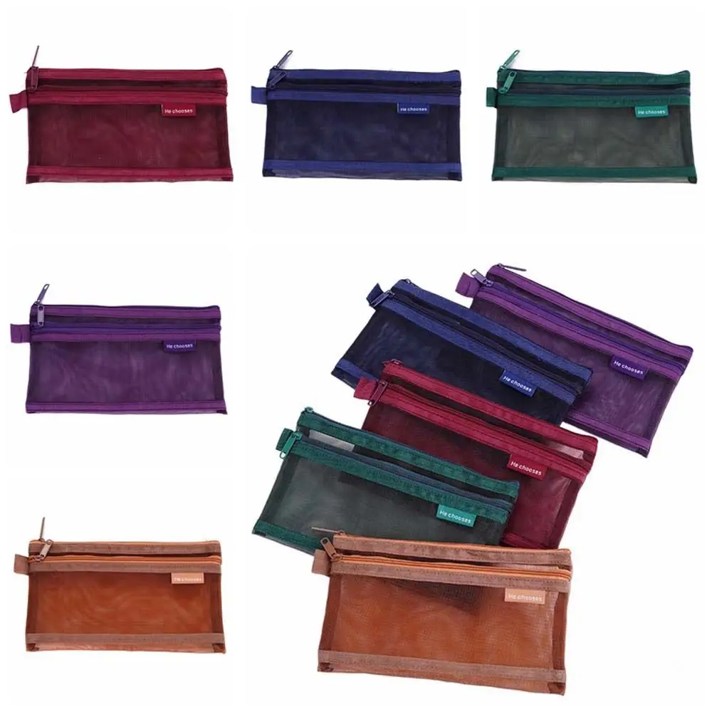 

Hollow Clear Mesh Makeup Bag Solid Color Double Layer Transparent Pencile Bag Card Holder Cosmetic Lipstick Bag