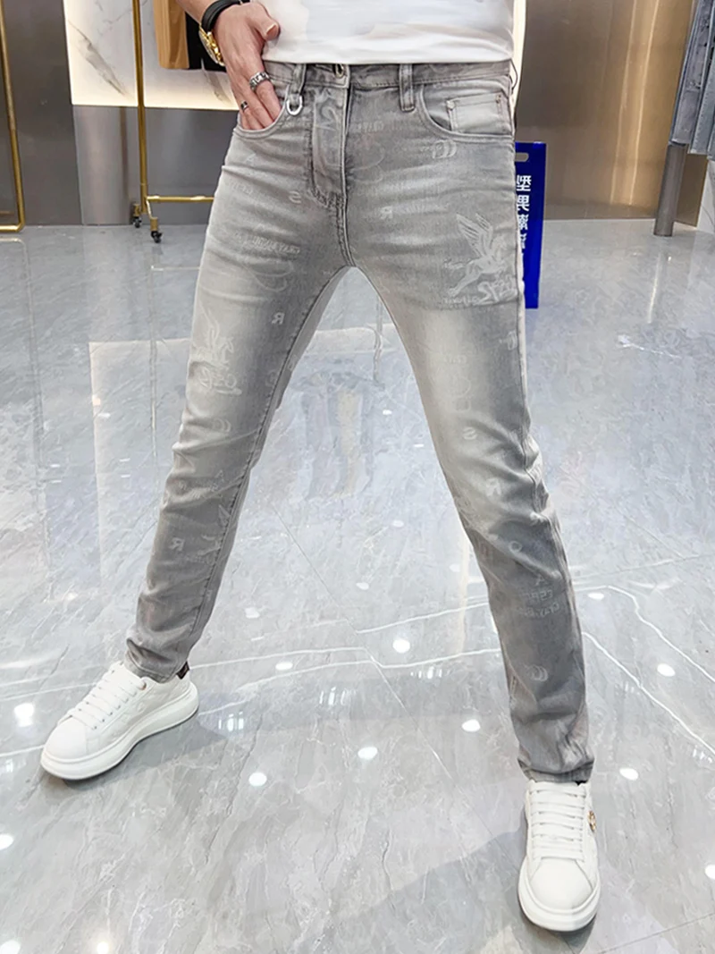 

Light ey Casual Printed Thin Men's Jeans Spring Summer Slim Fit Sli Small Footed Pants Youth Trendy High Elastici