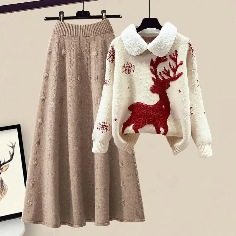 Autumn Winter Cartoon Reindeer Embroidery Lapel Knit Sweater Pullover Slim Fit Knit Skirt Two-piece Set Women\'s Skirt Set