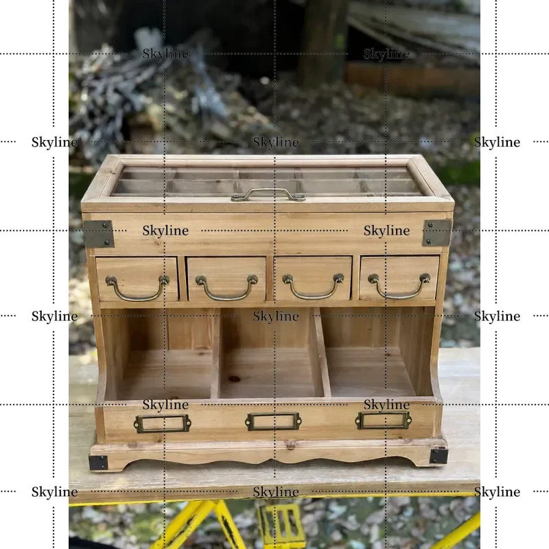 for Country Style Retro Small Solid Wood Glass Display Cabinet with 15 Grids Jewelry Storage Treasure Chest