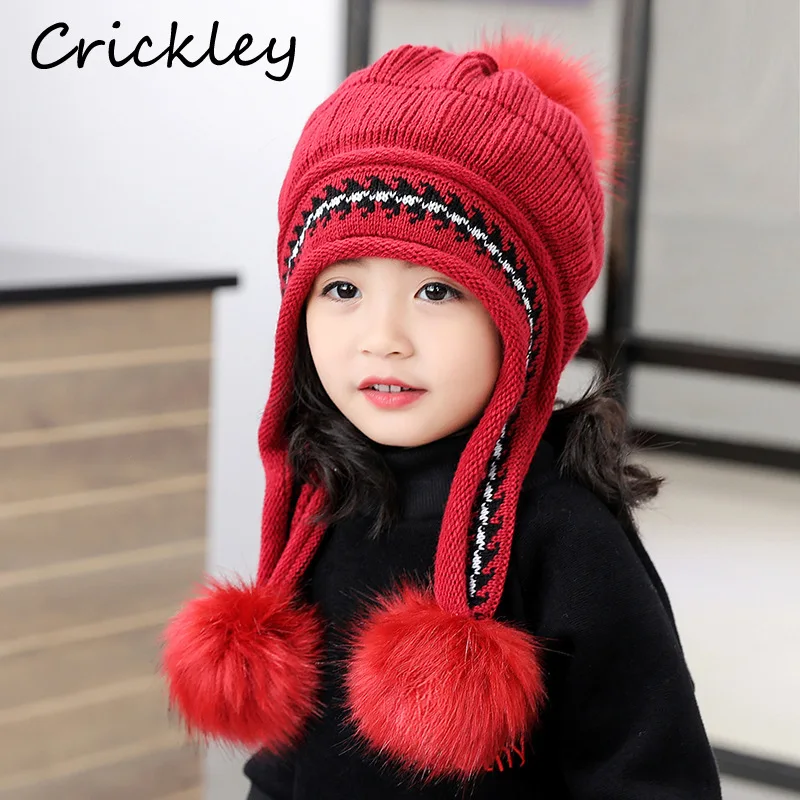 Fashion Winter Cute Pom Pom Boys Girls Hats Ear Flap Muff Windproof Kids Caps Warm Knitted Mum Toddler Children Hats 6 Colors