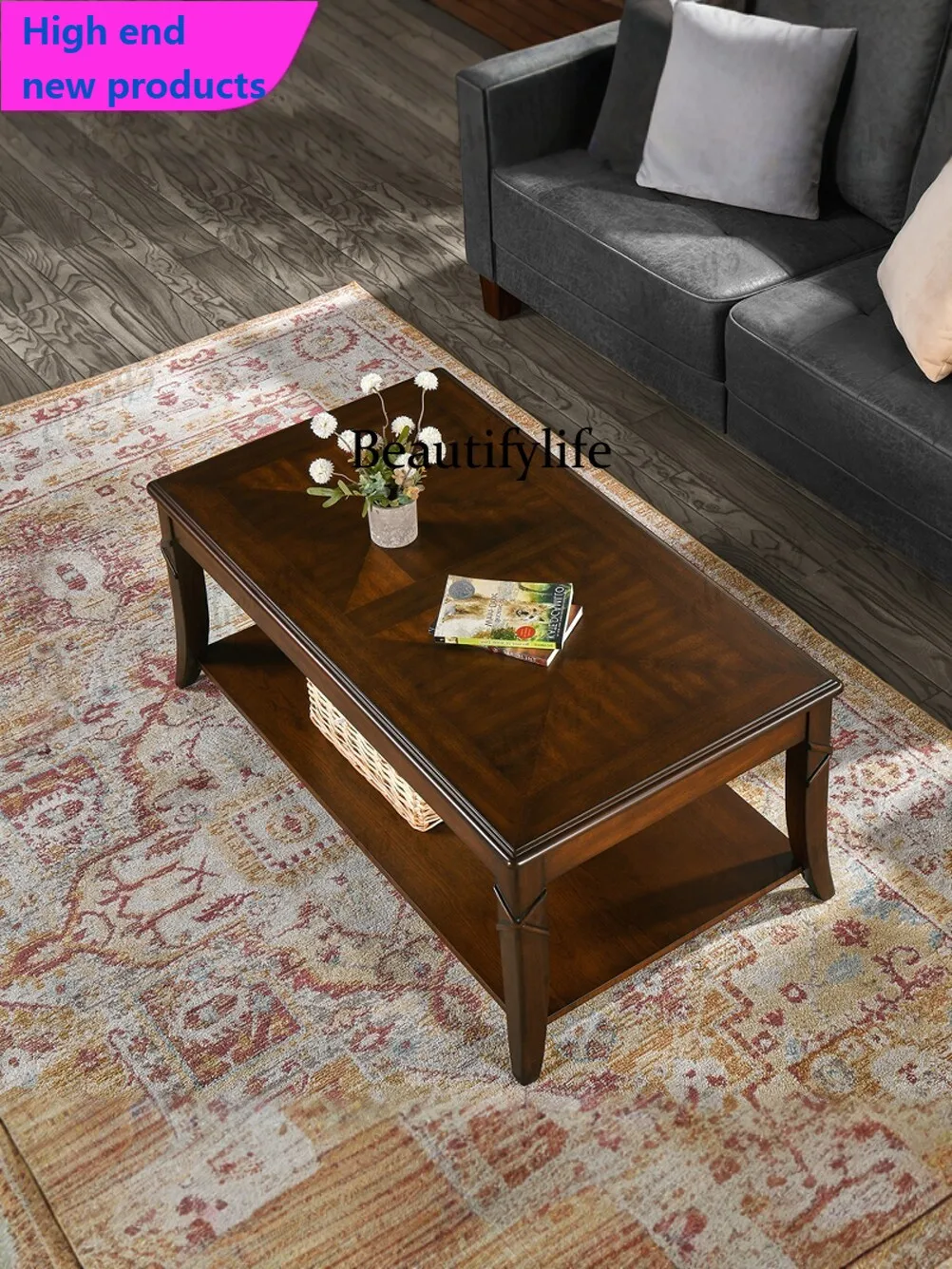 American solid wood coffee table living room household small apartment double layer tea table rectangular modern simpleA68
