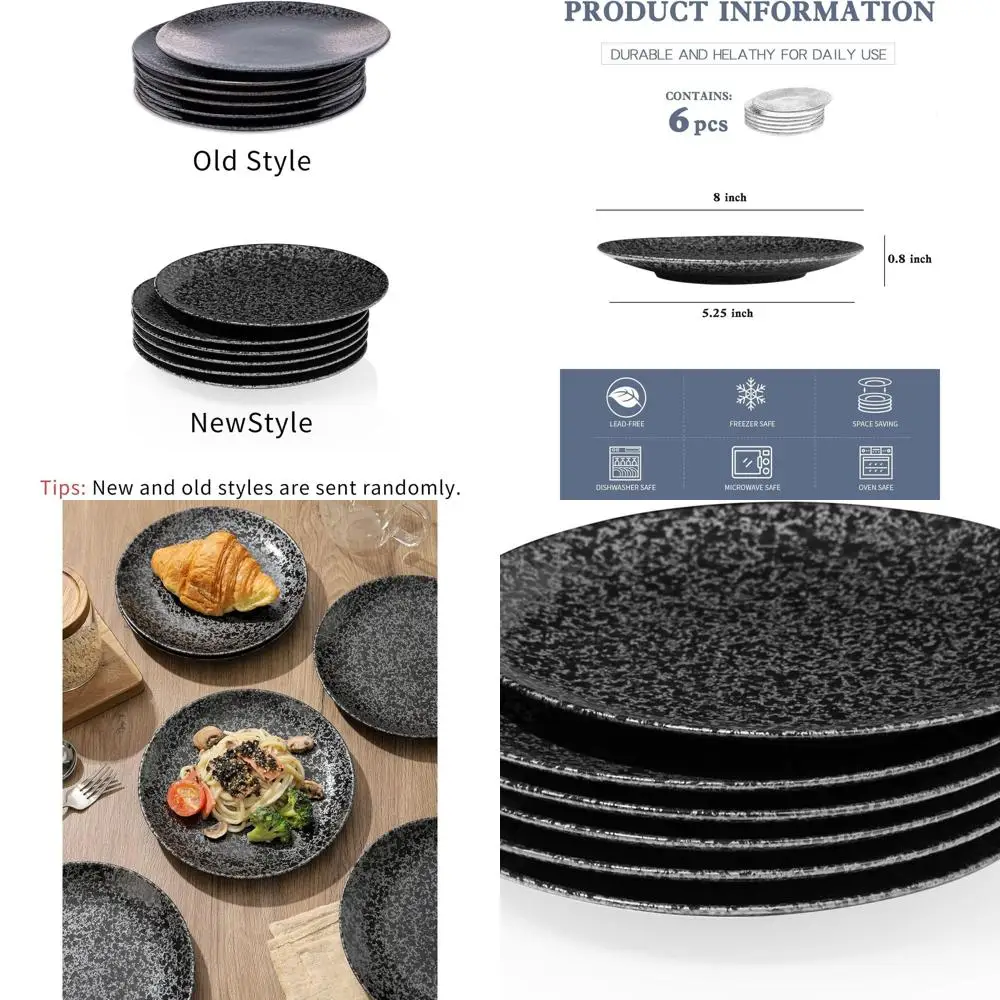 

6-Pack 8 Inch Ceramic Round Dessert & Salad Plates, Black Glazed, Safe for Microwave, Oven, and Dishwasher