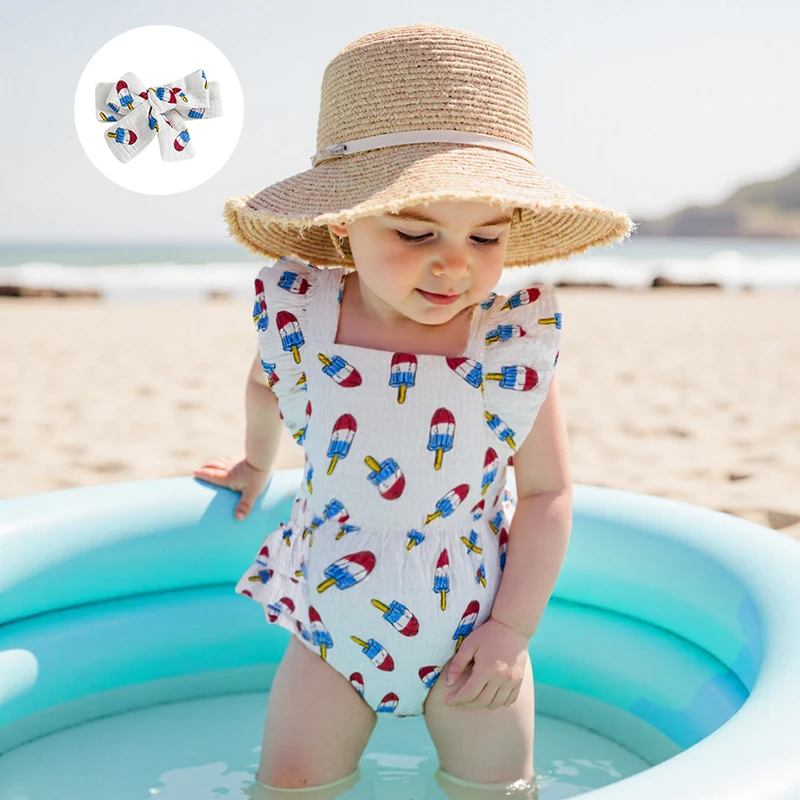 Toddler Girls American Flag Romper Independence Day Sleeveless Jumpsuit with Bow Headband Set Cute Outfits for Summer