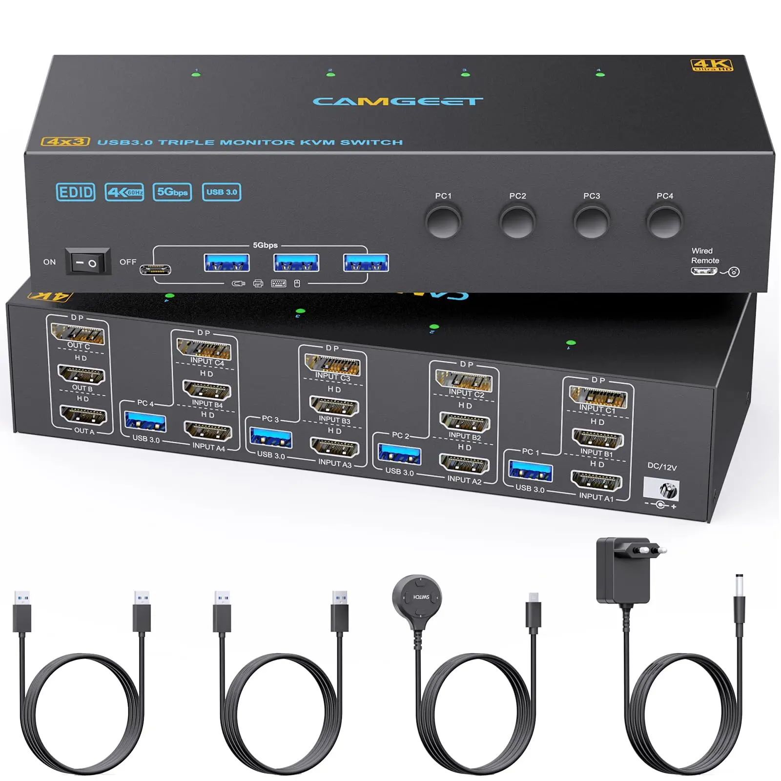 

KVM Switch 3 Monitors 4 Computer 4K@60Hz,HDMI+Displayport KVM Switch Triple Monitor for 4 Computer Share 3 Monitor 4 USB 3.0 Hub