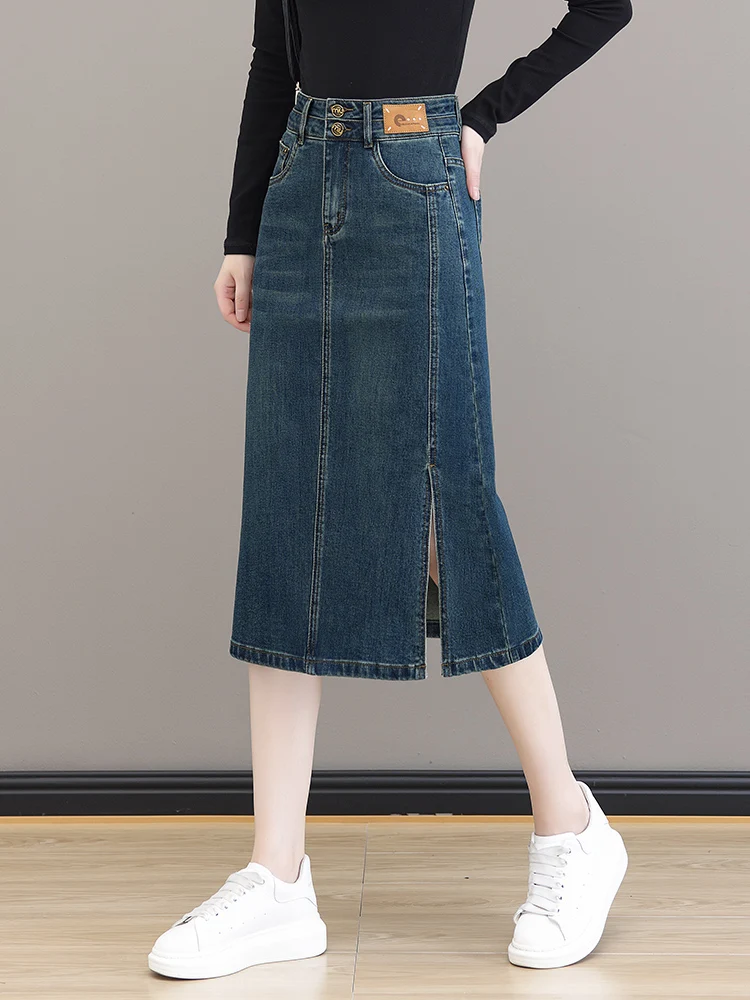 

High Waist Denim Skirt for Women Spring Autumn New Style Side Slit One Step Retro Slimming Bodycon Skirt Korean Style
