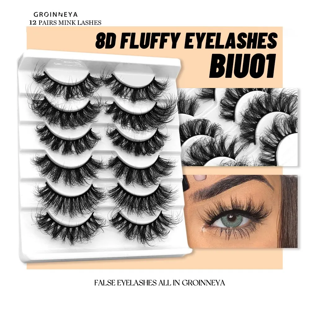 GROINNEYA 6 Pairs Eyelashes Faux Mink Eyelashes Dramatic Volume Lashes Extension Long Lasting Fluffy Mink Lashes Thick Long Lash