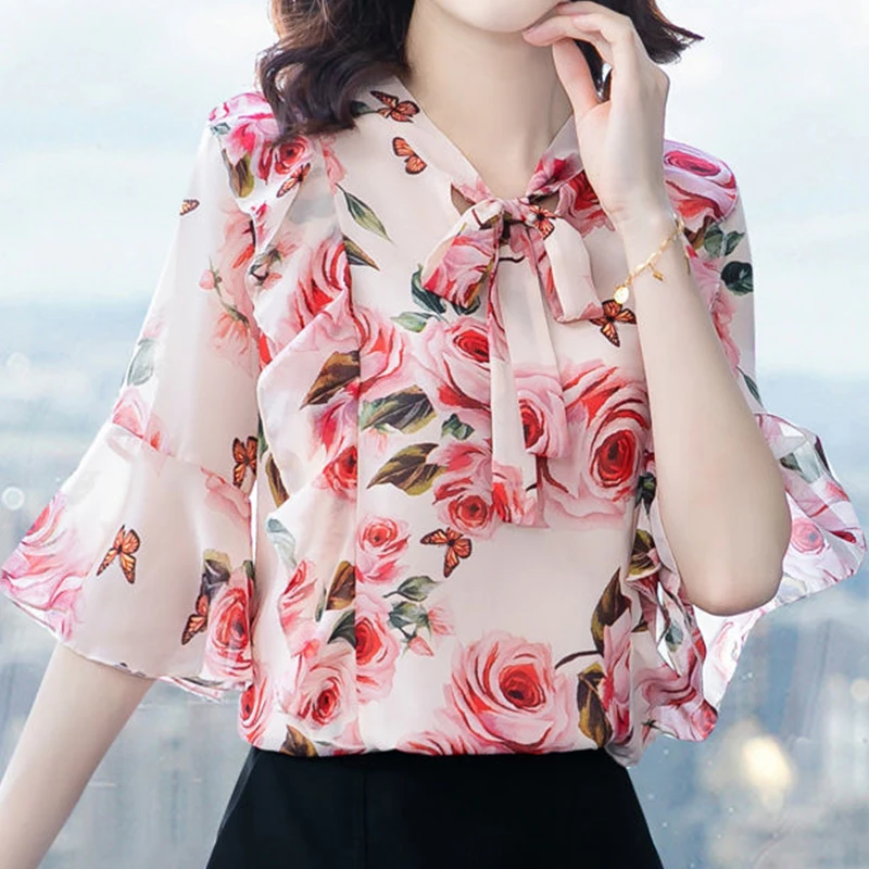 Women\'s Clothing Summer Three Quarter Tee Shirt Bow Tie Flowers Floral Printing Loose V-Neck Blouse Elegant Fashion Casual Tops