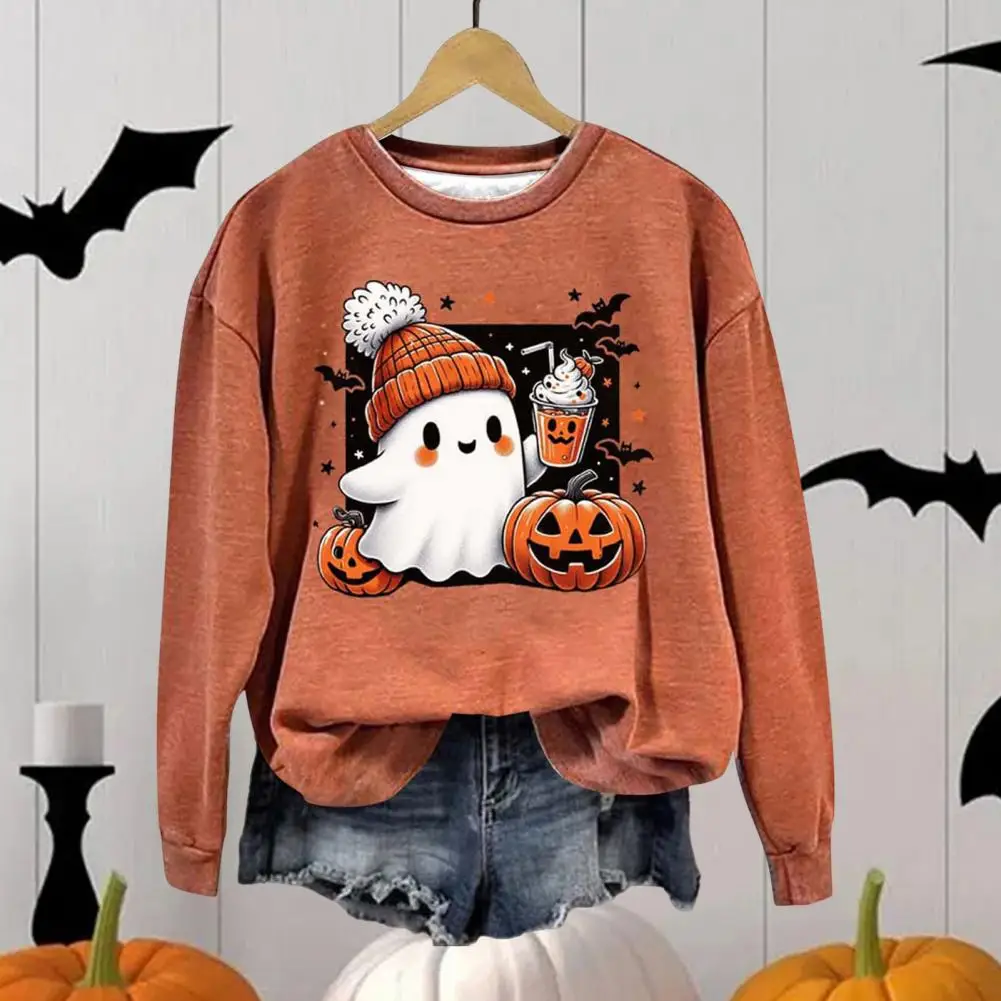 Spooky Halloween Sweatshirt Pumpkin Bat Print Sweatshirt Halloween Women's Sweatshirt with Cartoon Pumpkin Bat Ghost for Daily