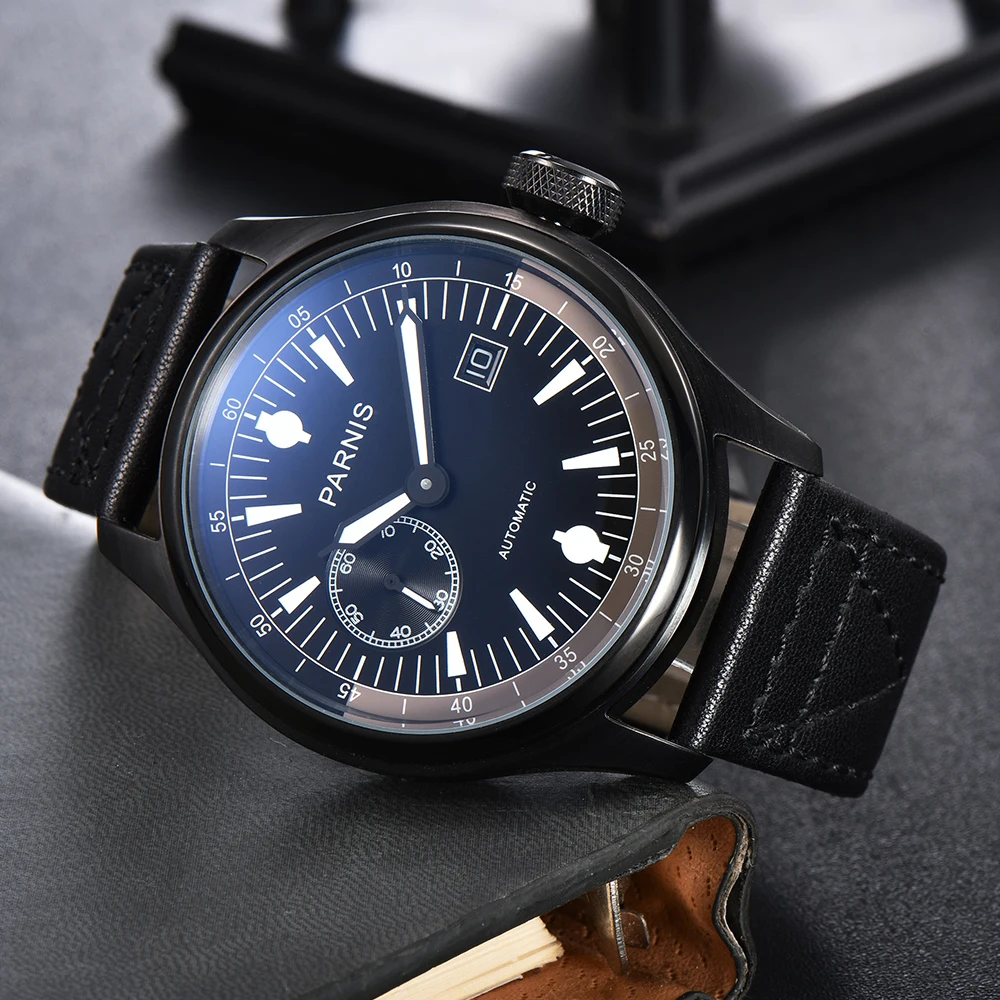 Parnis 46,5 mm in acciaio inossidabile PVD cassa nera cinturino in pelle orologi da polso da uomo
