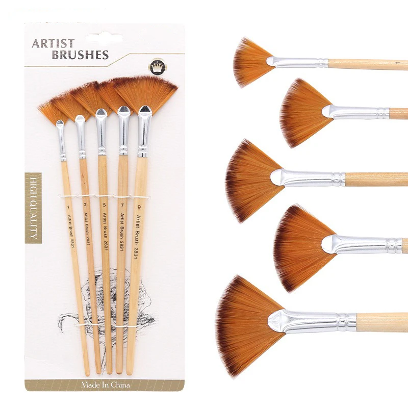 5 Pcs Sets Dual Tone Nylon Hair Paint Brushes Wooden Rod Fish Tail Fan-shaped Hand Drawn Watercolor Art Oil Painting Brushes
