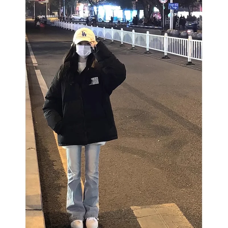 Grey Down Jacket Women Coat Black Hooded Fashion American Streetwear Y2K Style Duck Down Feather Female Winter Short Outwear
