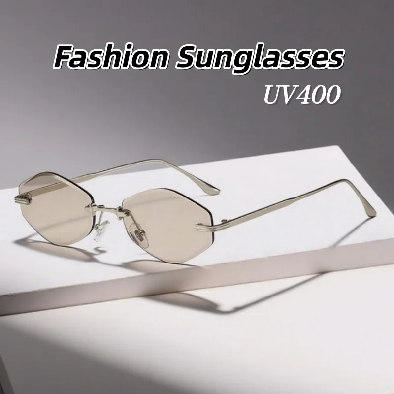 

Frameless Cut Edge Small Polygonal Sunglasses Women Trendy Street Photography UV Resistant Travel Beach Men UV400 Glasses
