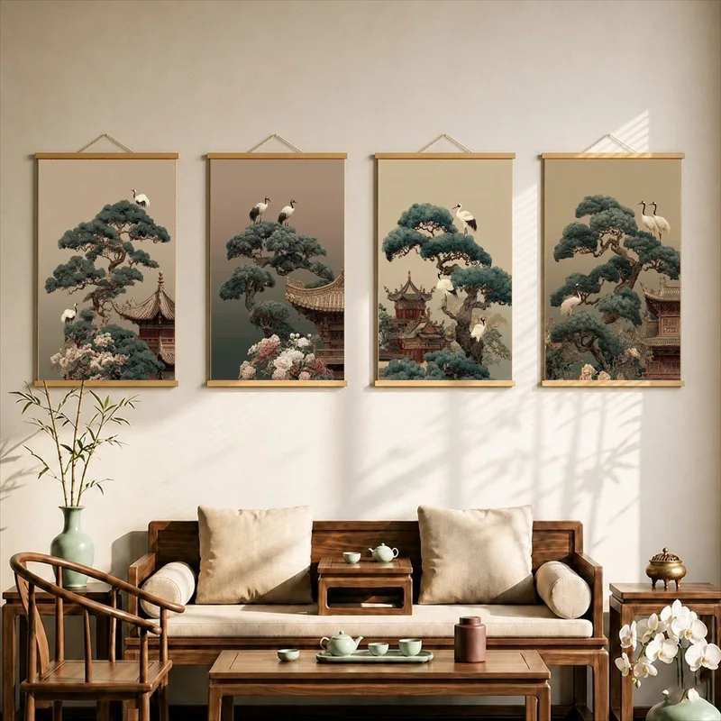 Wall Art Cranes Beneath Ancient Pine Trees, Oriental Longevity Pearlescent Canvas Hanging Scroll Decor for Wellness Space