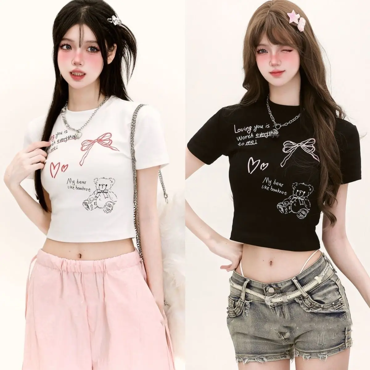 Women's Slim Fit Graphic T-Shirt Cute Teddy Bear Print Crew Neck Short Sleeve Casual Tee Summer Fashion Basic Crop Top