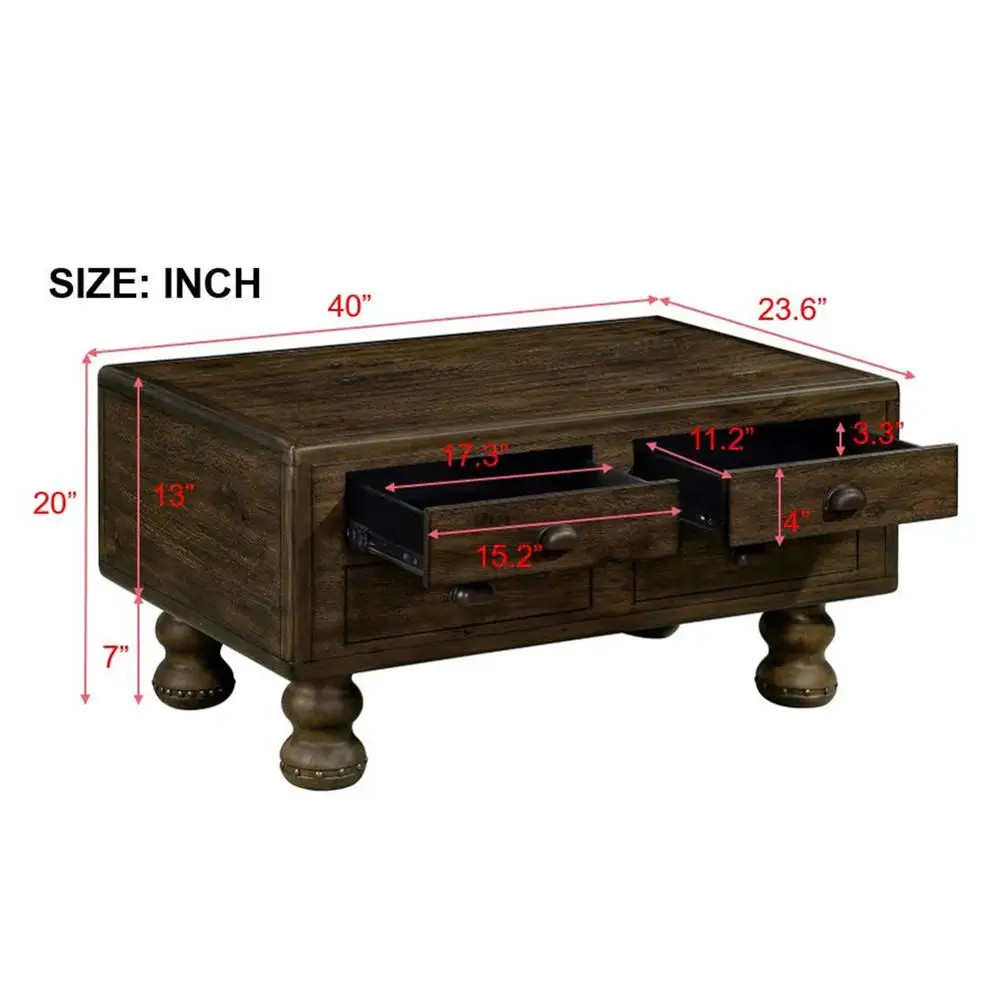 Solid Wood Rectangle Coffee Table 40 Inch Antique Espresso Center Table with 4 Drawers Rivet Leg Detail Easy Assembly LivingRoom