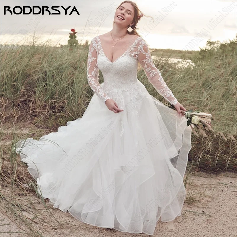 Roddrsya vestidos de novia de manga larga para mujeres de talla grande vestidos de noRODDRSYA-vestidos de novia de manga larga para mujer, ropa de boda de talla grande, de encaje, con cuello en V, de tul, línea A, 2024