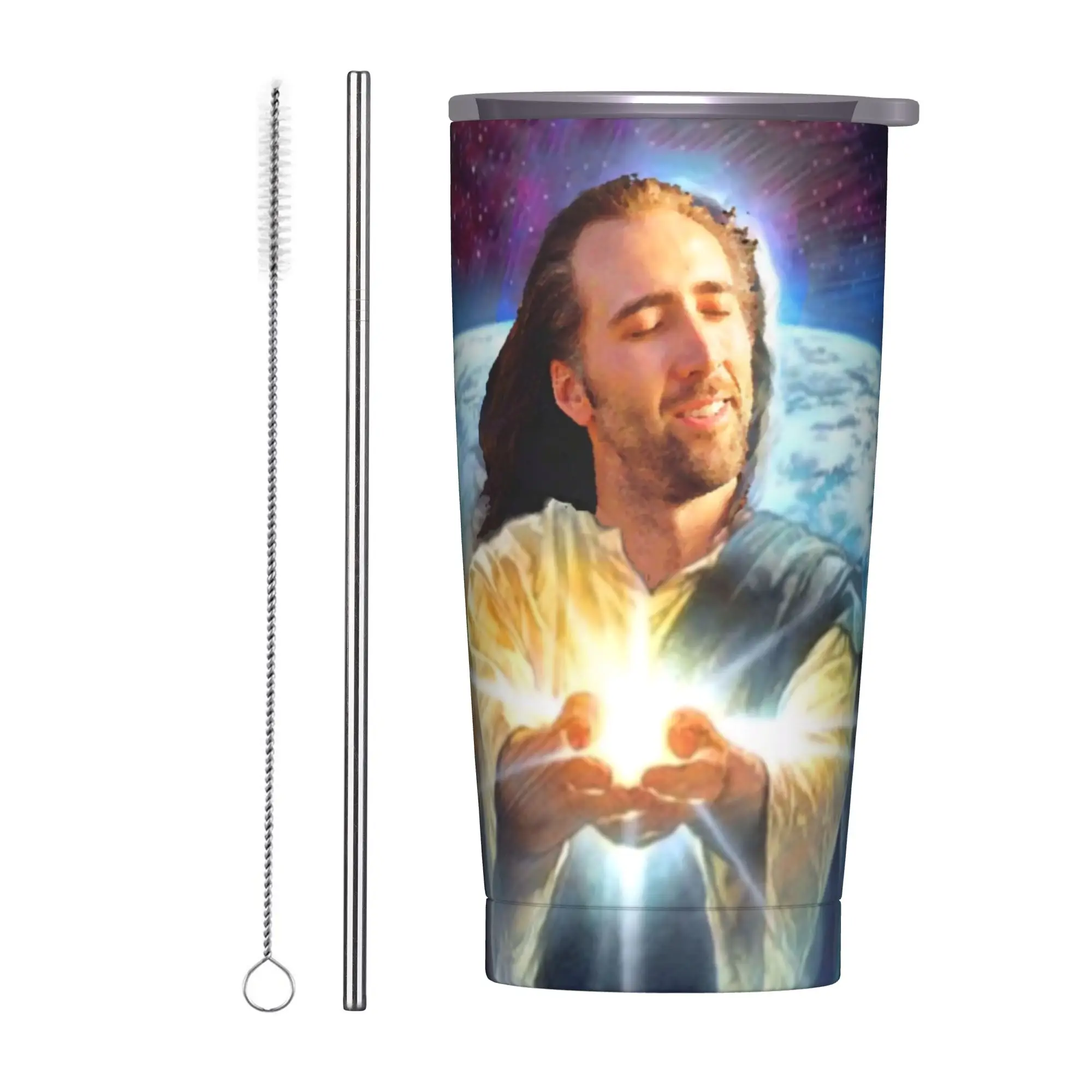 Jesus Cage Tumbler Vacuum Insulated Nicolas Cage Funny Meme Coffee Cups with Lid Straw Smoothie Tea Mug Hot Cold Drink, 20oz