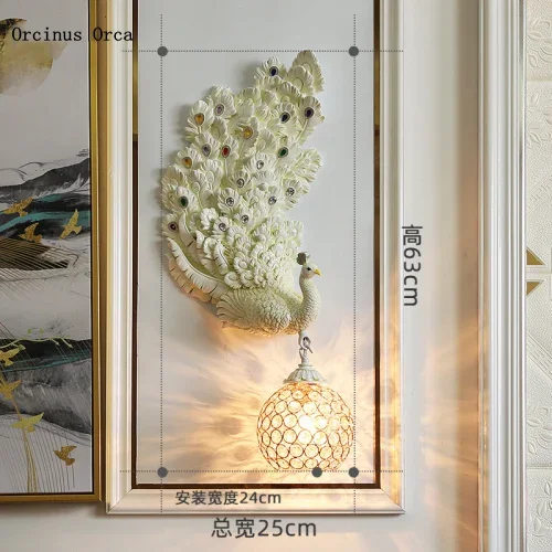 Nordic retro gorgeous peacock wall lamp  background wall bedroom bedside lamp creative luxury crystal wall lamp