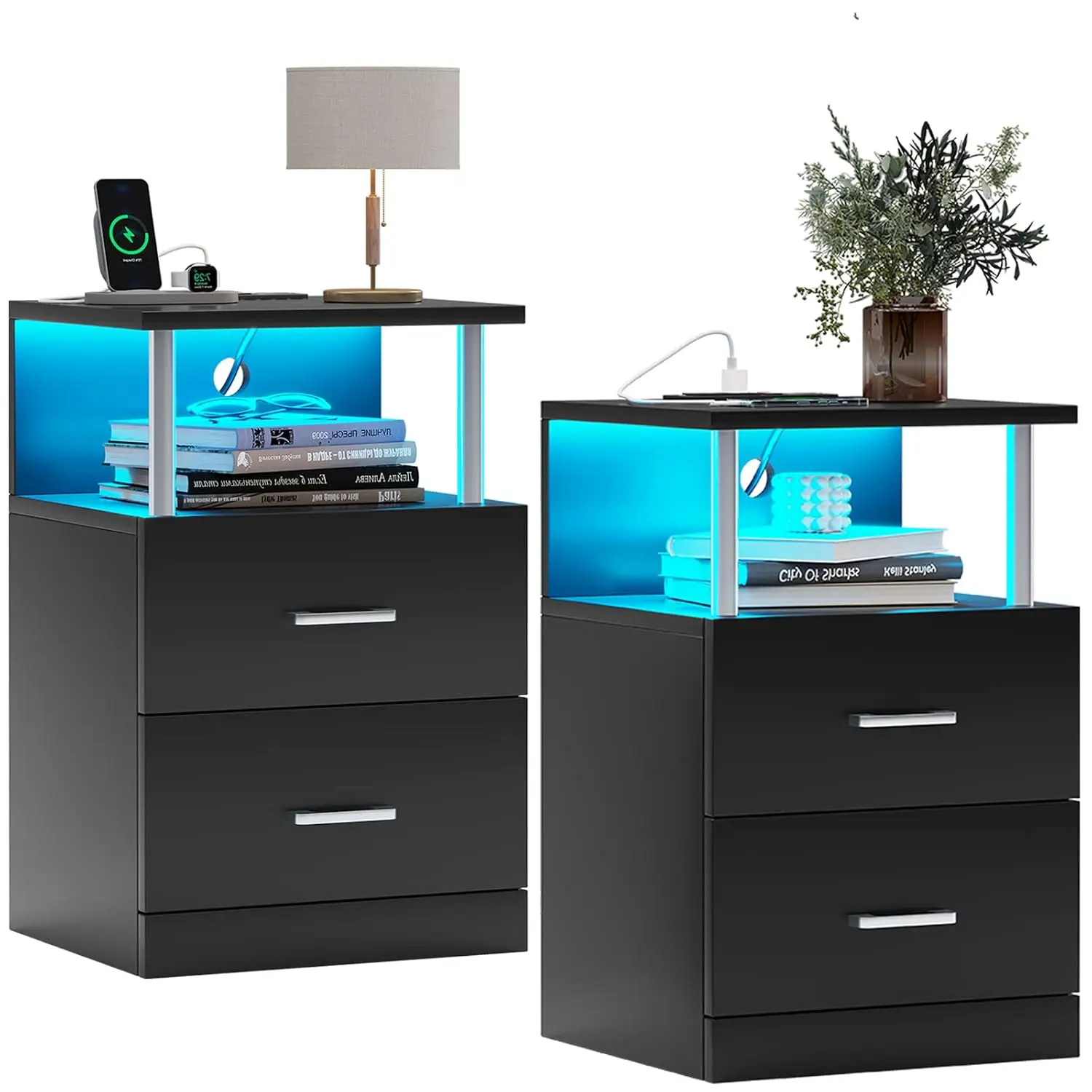 Nightstand with Charging Station & LED Lights Set of 2, Bedside Table with Storage & 2 Drawers, USB Ports & Outlets, End Table f