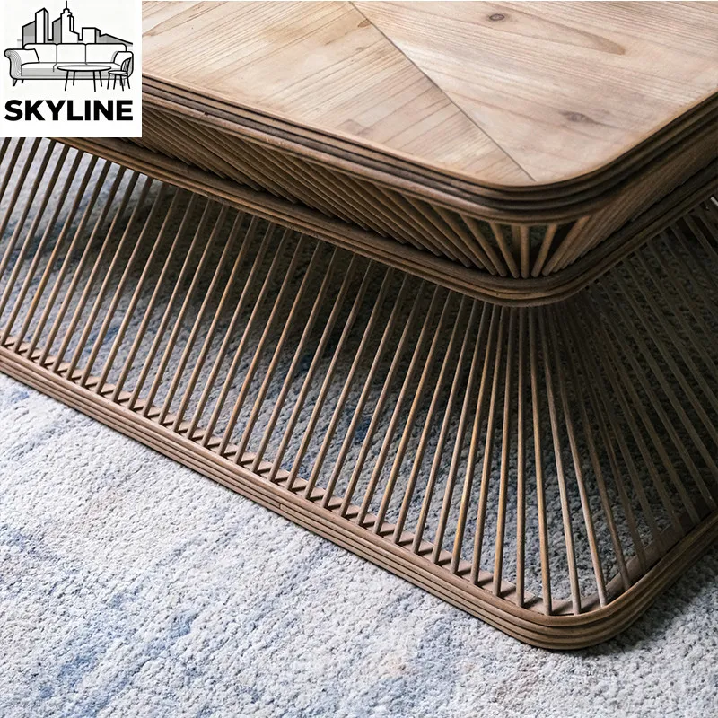 Handmade art bamboo coffee table hollow vintage living room square side table creative table