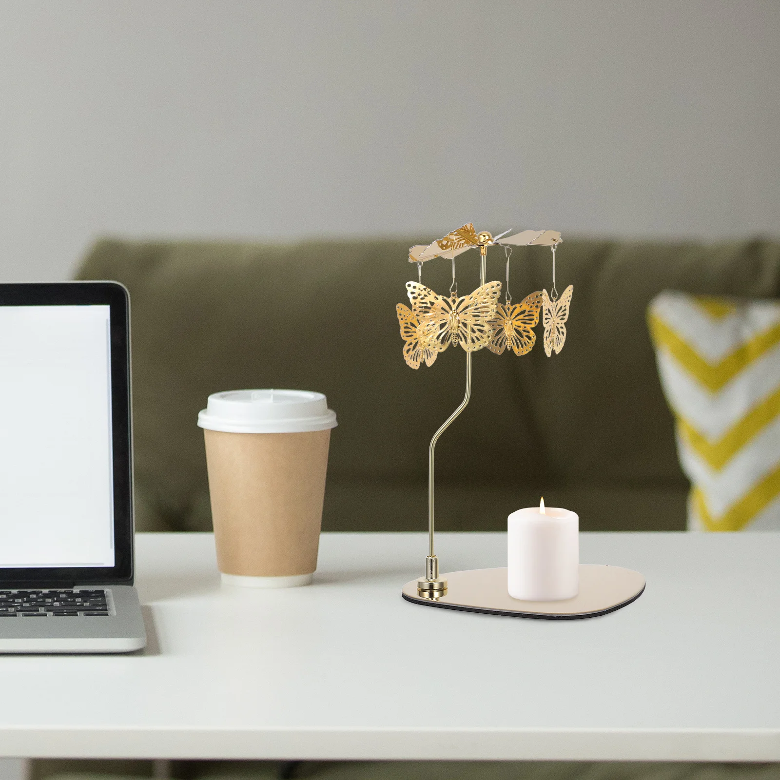 

Rotating Candlestick with Tray Metal Windmill Decor Gold Holder Ornament Butterfly Stainless Steel Decoration