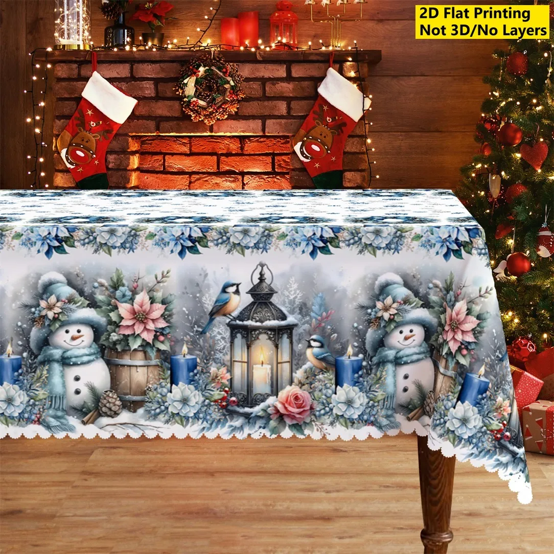 VIKAMA Winter Snowman Tablecloth Blue Lantern Candle Poinsettia Pinecone Washable Rectangle Table Cover for Christmas Dining