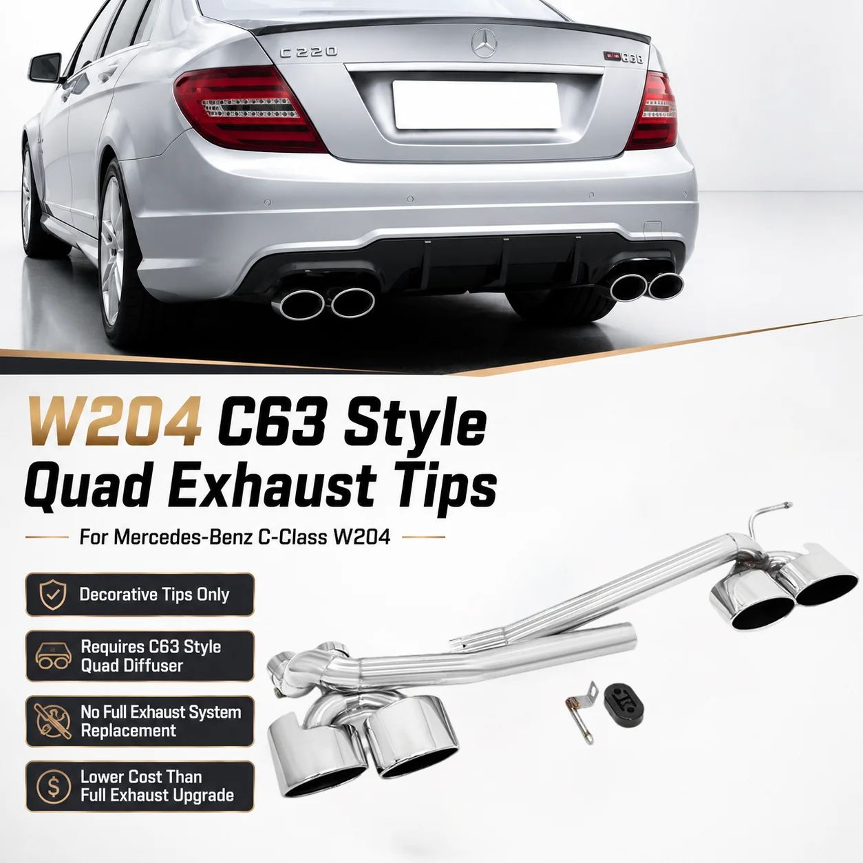 W204 Quad Exhaust Tips For Mercedes C180 C200 C250 C260 Upgrade C63 AMG Bumper Muffler Nozzle Auspuff Échappement