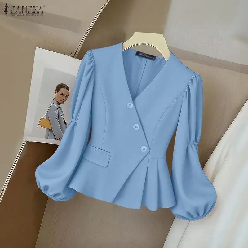 

ZANZEA элегантный офисный женский пиджак, модные женские повседневные пальто с длинными пышными рукавами и v-образным вырезом, 2026, осенние однотонные женские пальто на пуговицах