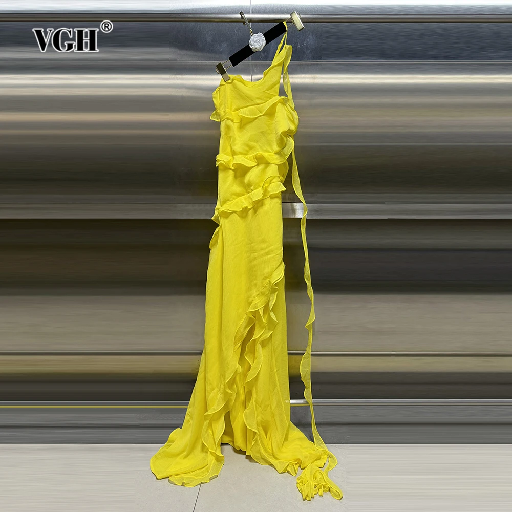 VGH Elegant Slimming Dresses For Women Diagonal Collar Sleeveless Backless High Waist Spliced Edible Tree Fungus Dress Female