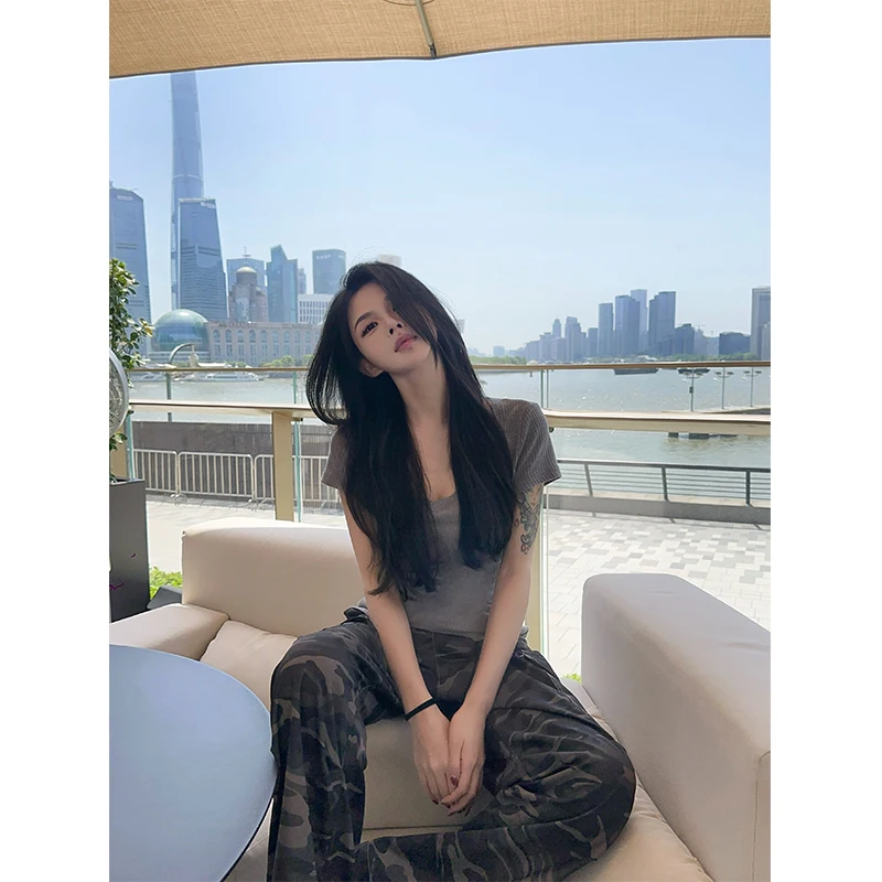 

Xia Yuan Original Casual Camouflage Wide Leg Pants Summer 2025 New Loose Belted Trousers Women's Workwear Casual Pants