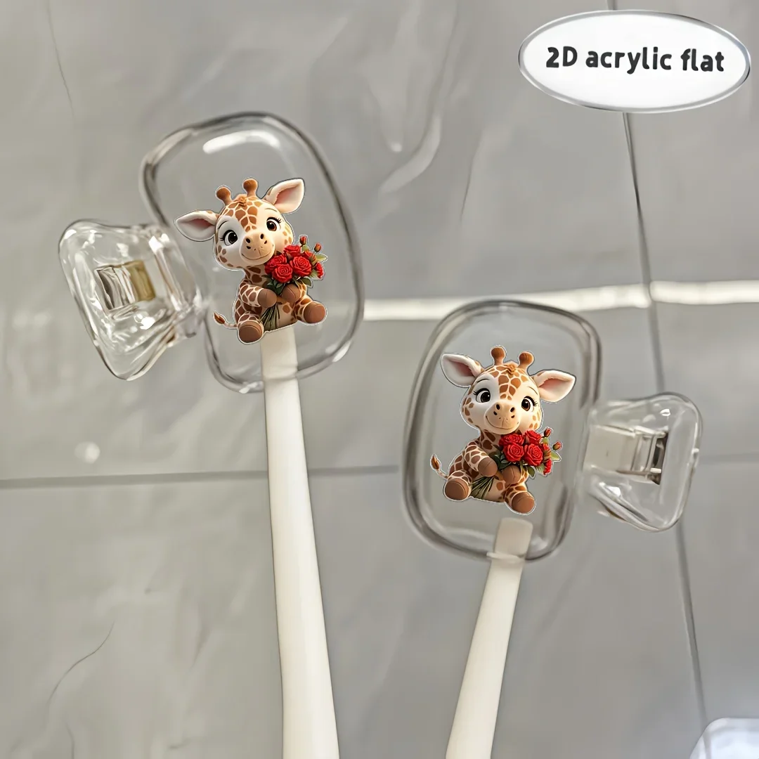 2pcs Giraffe Holding Roses Toothbrush Holder and Brush Organizer Durable Plastic Travel Case Suitable for Bathroom Room Decor