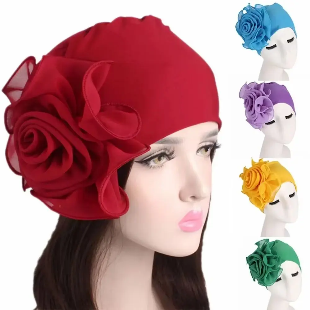 Big Flower Women's Turban Cap One Size Elastic Side Flower Ramadan Hijab Comfortable Breathable Head Wrap Cap Ladies Headwear