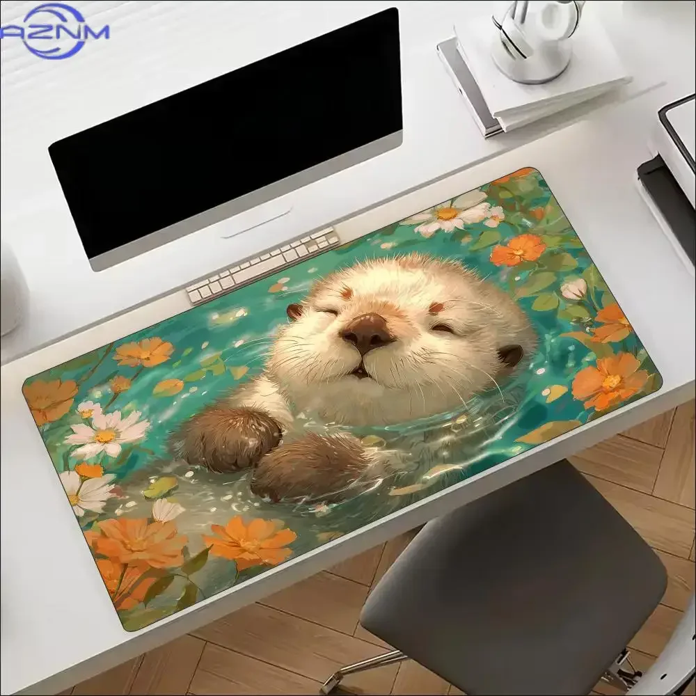 Otter Floating Rainbow Watercolor XXL Mouse Pad Non Slip Rubber Base HD Print Oversized Desk Mat for Cute Animal Computer