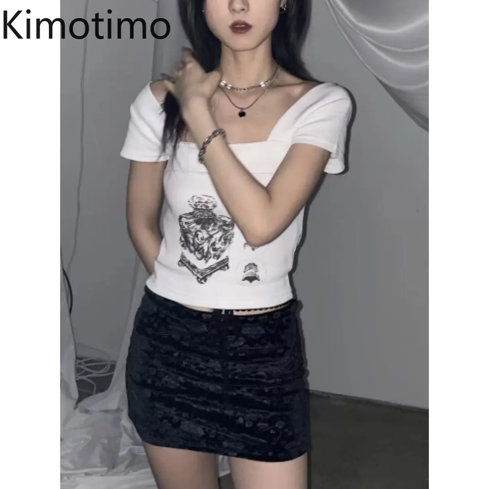 Kimotimo Vintage Graphic Print White Short Sleeve T-shirt Women Square Collar Spicy Girl Slim Fit Crop Top Sexy Y2k Gothic Tees