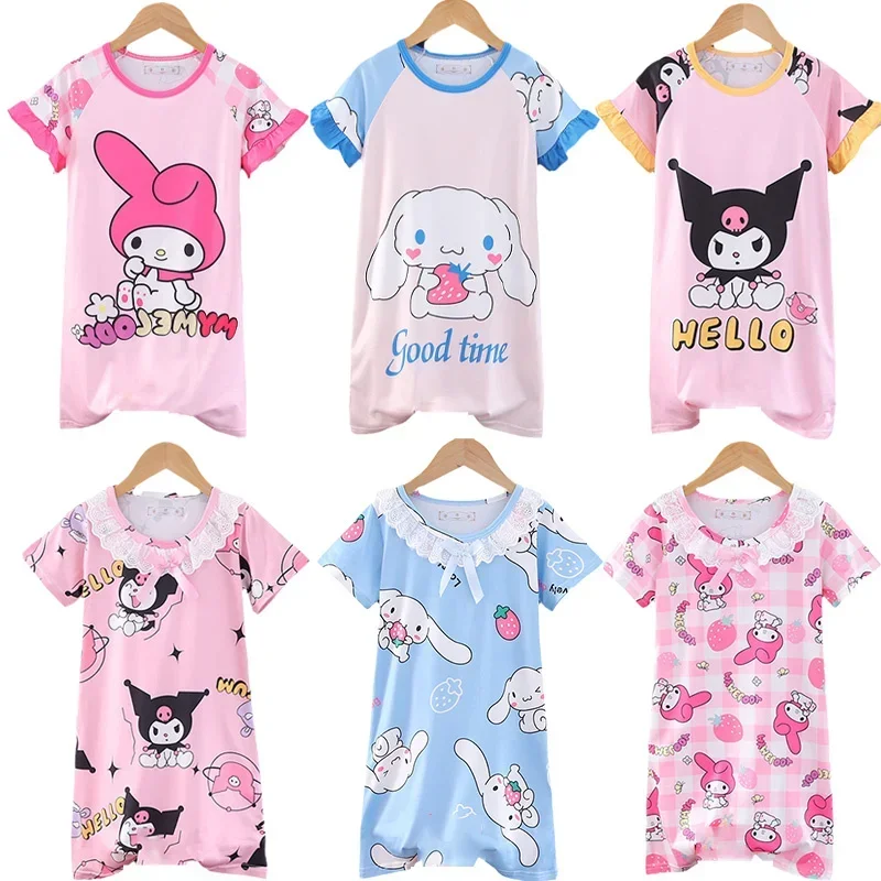 

Kawaii Sanrios Kids Nightdress Cute Anime MyMelody Kuromi Cinnamoroll Cartoon Pajamas Summer Short Sleeve Dress Homewear Gift