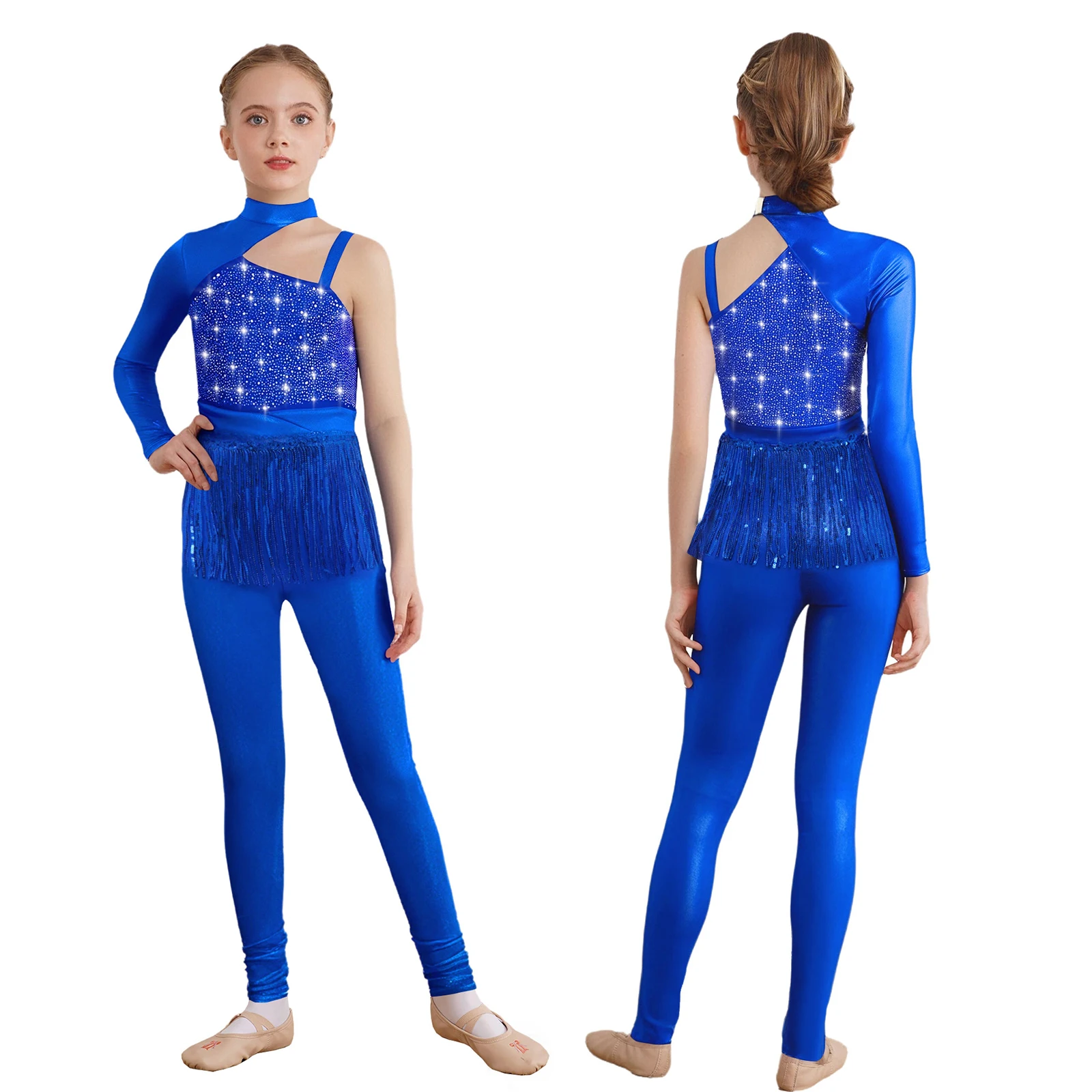 

Kids Girls Shiny Rhinestones Sequin Fringe Jumpsuit Gymnastics Figure Skating Jazz Dance Costume Metallic Asymmetrical Bodysuit