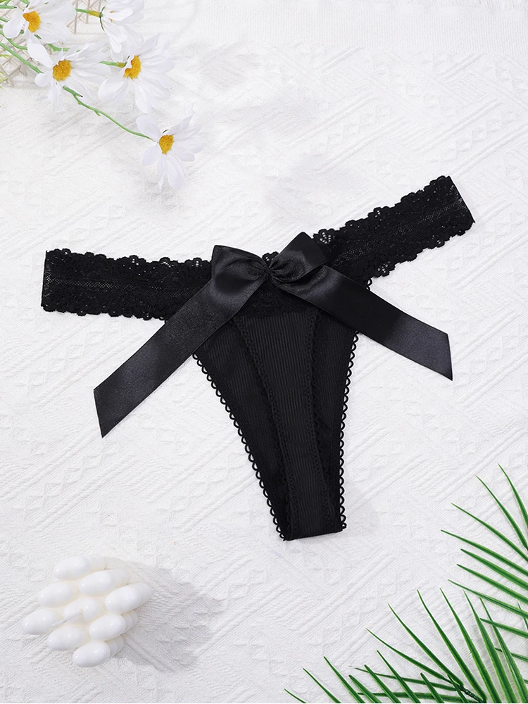 1 pièces Sexy dentelle femmes string nœud décor élégant dame tongs respirant confortable Sexy Lingerie mode noir femmes culottes