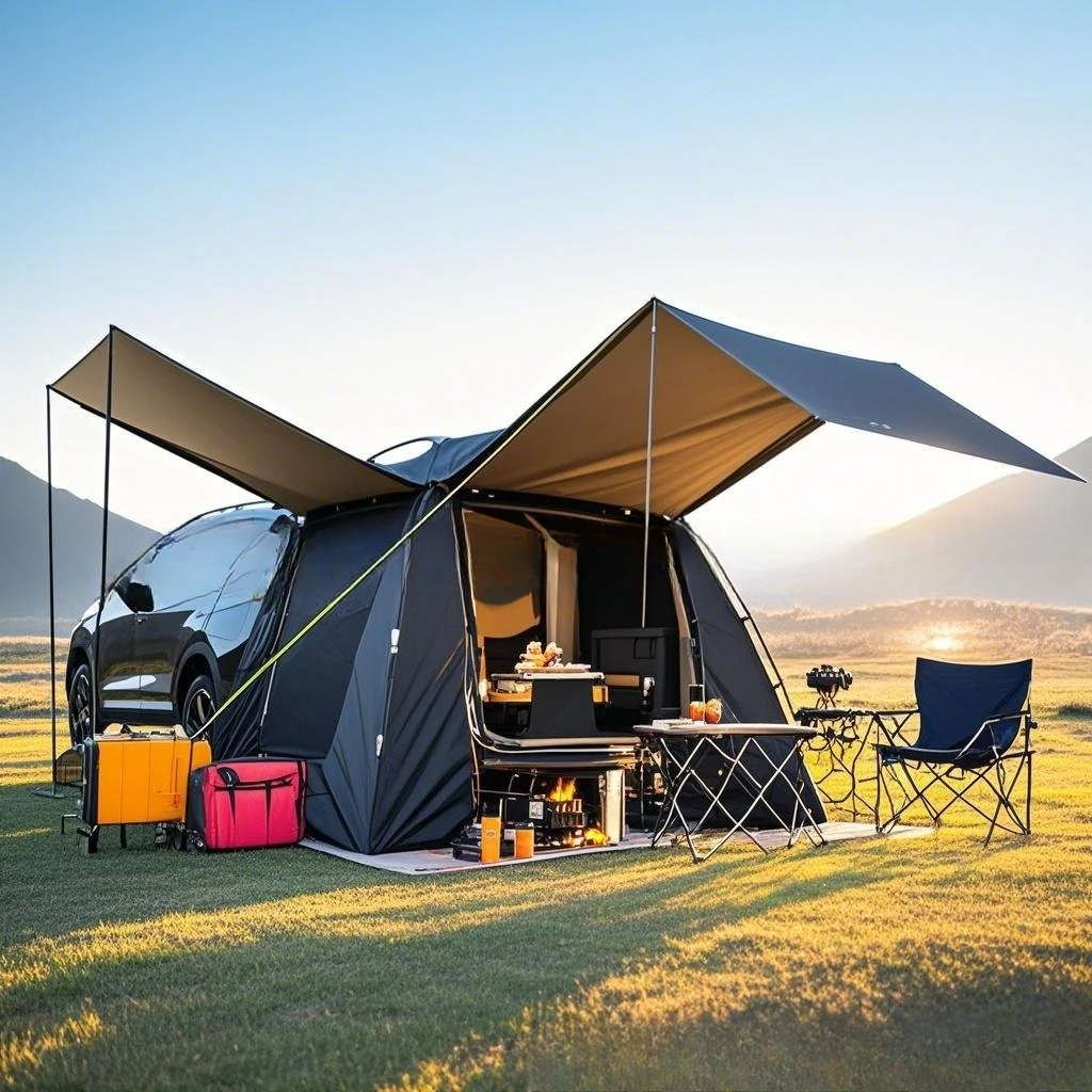

Rainproof car tent with canopy SUV tent, 4 person car tent, three sides with mesh foyer tail tent