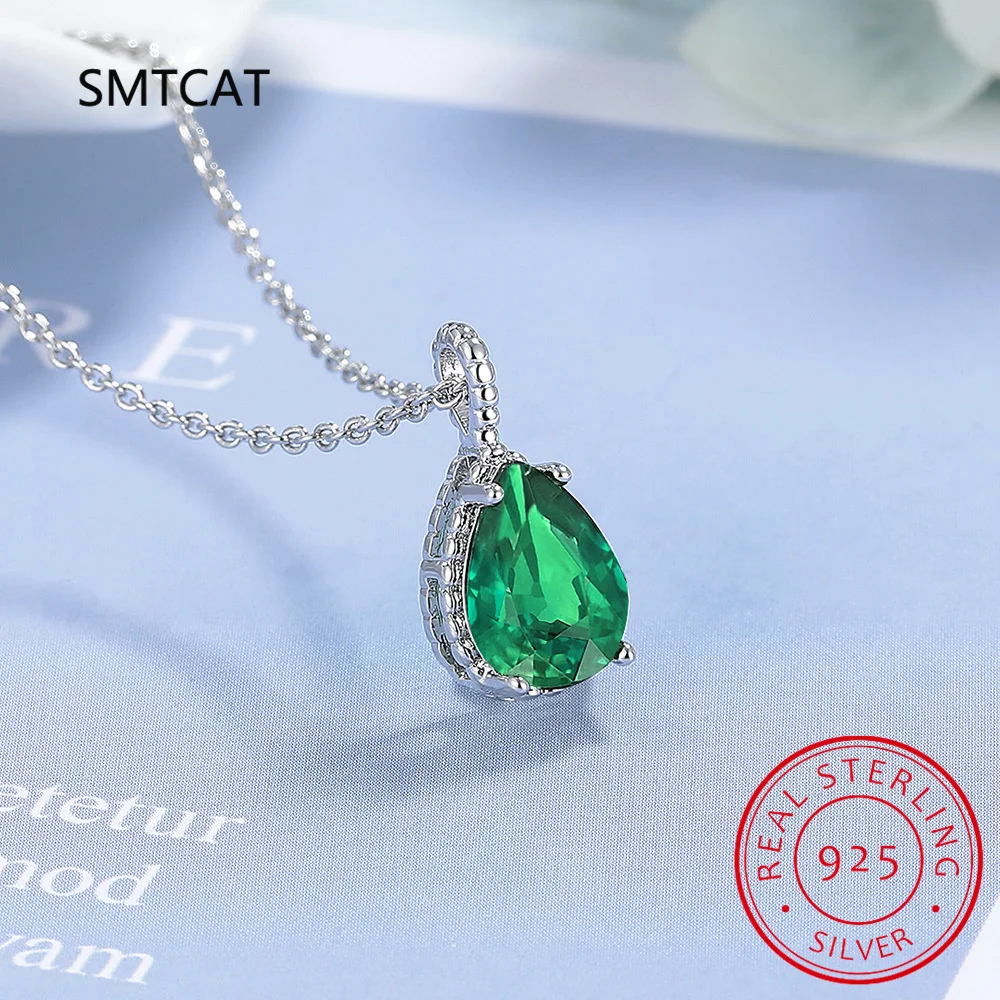 3ct Green Simulated Nano Emerald 925 Sterling Silver Pendant Necklace for Women Pear Gemstones Choker 45CM Chain