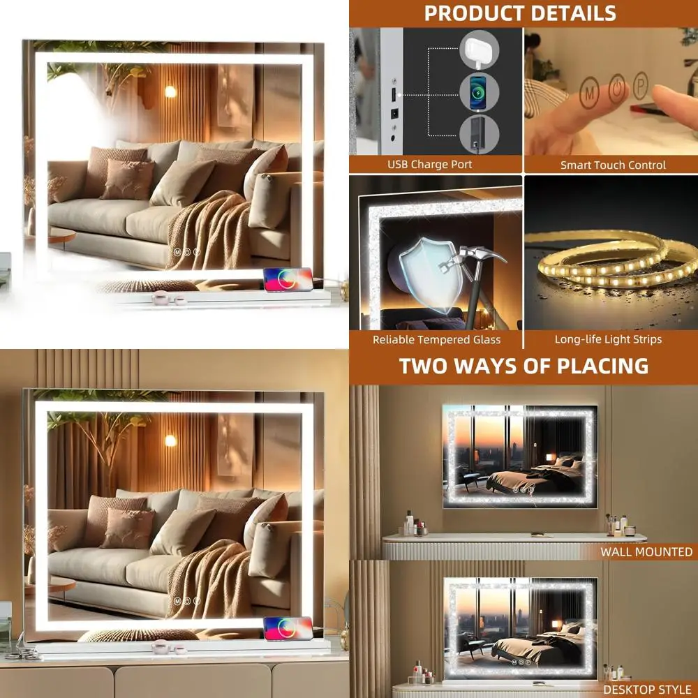 

31.5 x 22.8 LED Hollywood Makeup Mirror, 10X Magnification, 3 Color Modes, Dimmable, USB Charging