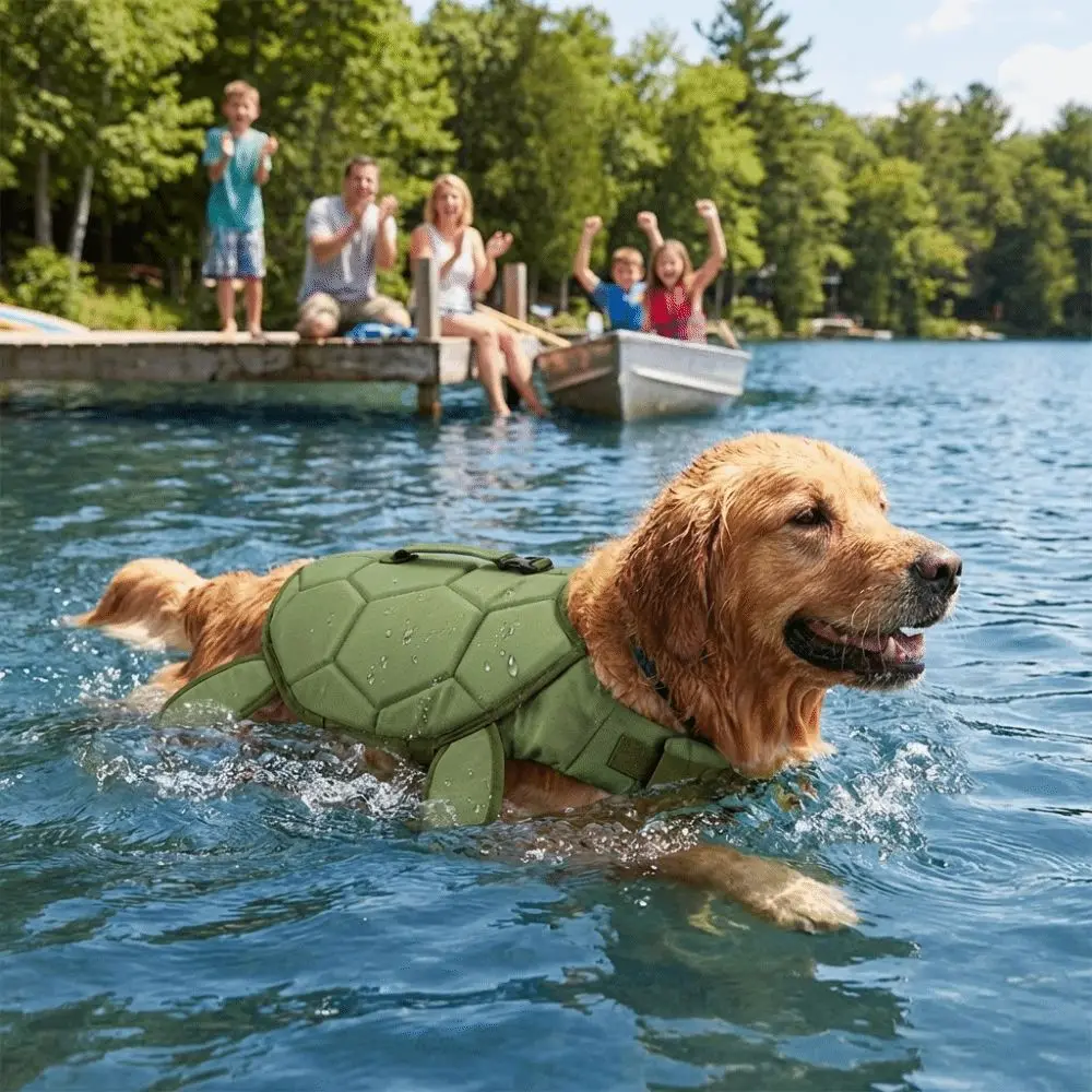 Cute Turtle Shape Pet Life Jacket Adjustable Life Preserver Dog Safety Vest Reflective Portable Handle Dog Swimsuit view 2