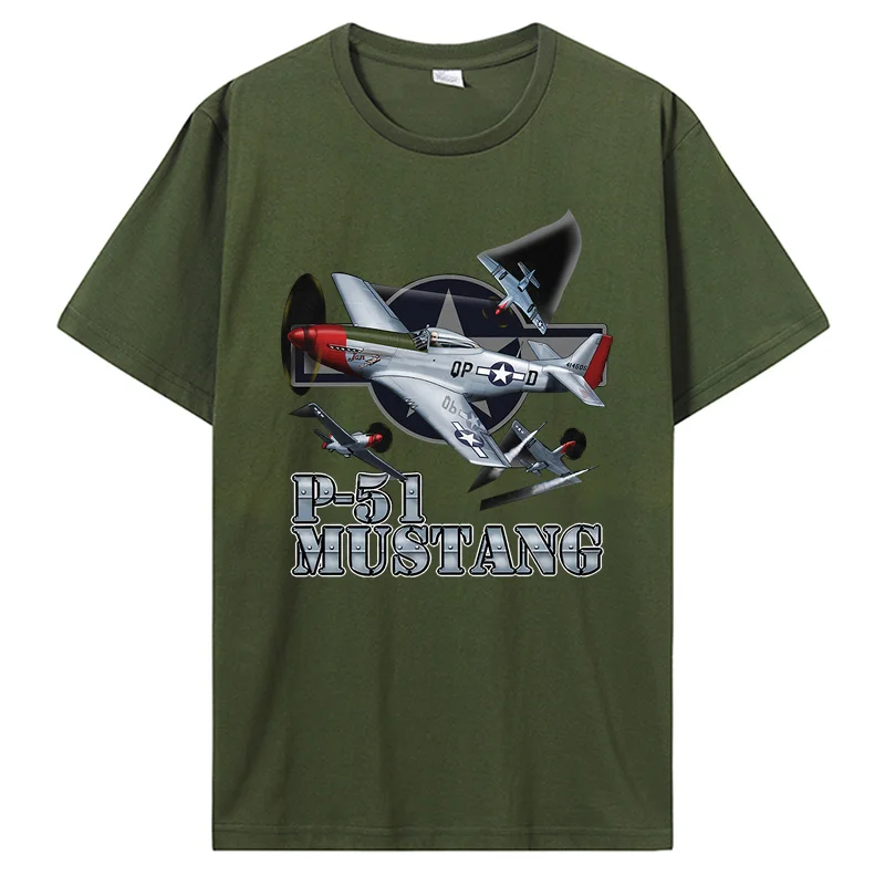 P-51 Mustang Aircraft 1940's WW2 Fighter Plane Men's T-Shirt P51 Air Combat Scene Printed Cotton Round Neck Short Sleeve T Shirt