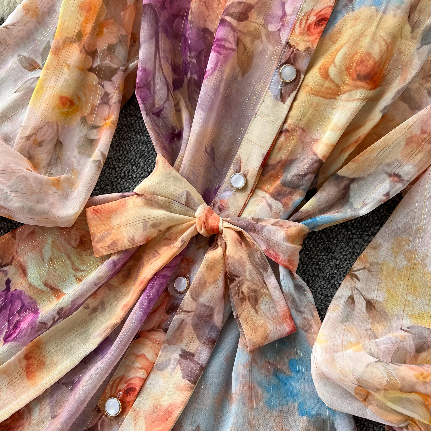 France Elegant Vintage Palace Evening Dress Women Print Sashes Stand-up Collar Party Dress Female Casual Chic Holiday Clothing