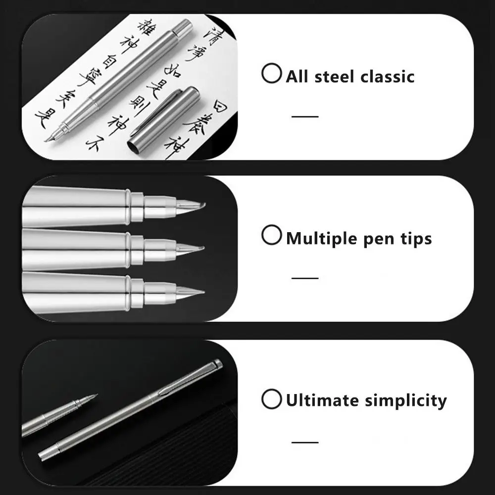 Multi-functional Metal Fountain Pen 0.38/0.8/1.3mm Tip Curved Nib Calligraphy Pen Smooth Writing Writing Signature Pen Students